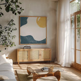 Sunny Side II by Moira Hershey. Shown in a natural wood frame in a cozy modern living room. Available as an archival giclee rolled canvas, fine art paper, or poster print. SKU 63367a.