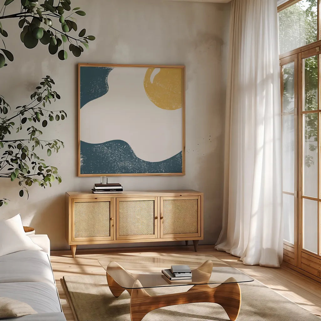 Sunny Side II by Moira Hershey. Shown in a natural wood frame in a cozy modern living room. Available as an archival giclee rolled canvas, fine art paper, or poster print. SKU 63367a.