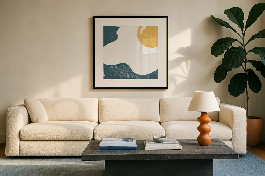 Sunny Side II by Moira Hershey. Displayed in a glass frame with matte in a clean modern living room. Available as an archival giclee rolled canvas, fine art paper, or poster print. SKU 63367a.