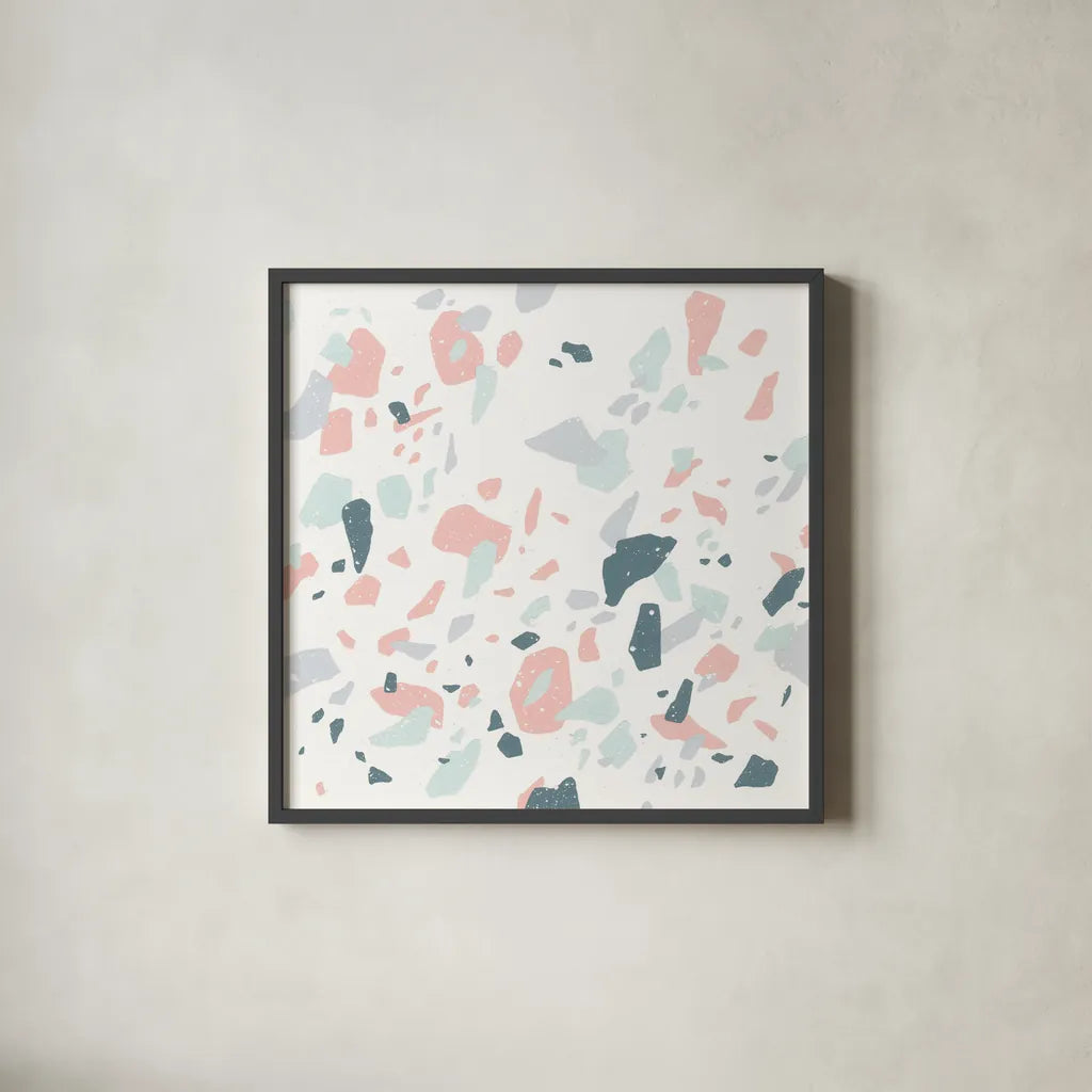 Terrazzo I by Moira Hershey. Shown in a sleek black glass frame for a contemporary gallery look. Available as an archival giclee rolled canvas, fine art paper, or poster print. SKU 48001a.