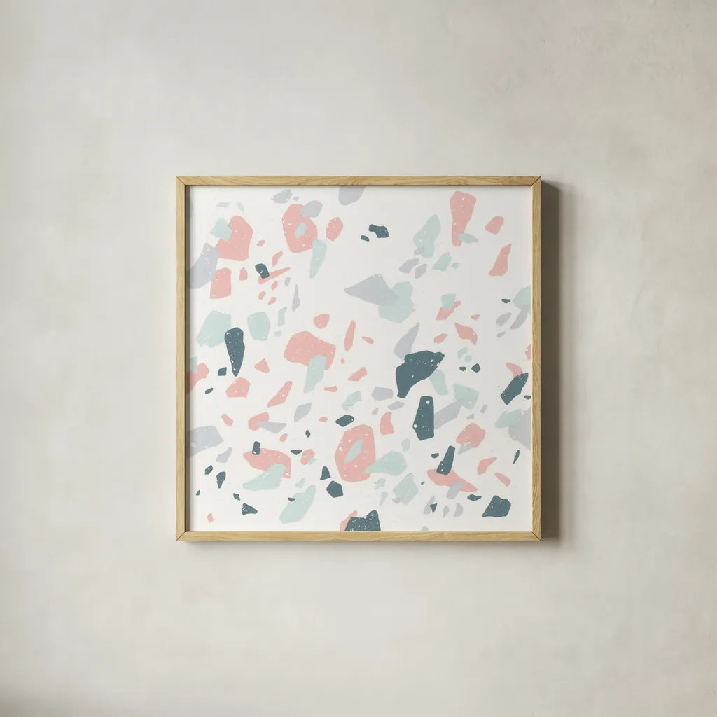 Terrazzo I by Moira Hershey. Shown in a natural wood glass frame for a timeless modern aesthetic. Available as an archival giclee rolled canvas, fine art paper, or poster print. SKU 48001a.