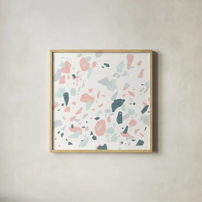 Terrazzo I by Moira Hershey. Shown in a natural wood glass frame for a timeless modern aesthetic. Available as an archival giclee rolled canvas, fine art paper, or poster print. SKU 48001a.