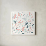 Terrazzo I by Moira Hershey. Shown in a crisp white glass frame for a clean and minimalist style. Available as an archival giclee rolled canvas, fine art paper, or poster print. SKU 48001a.