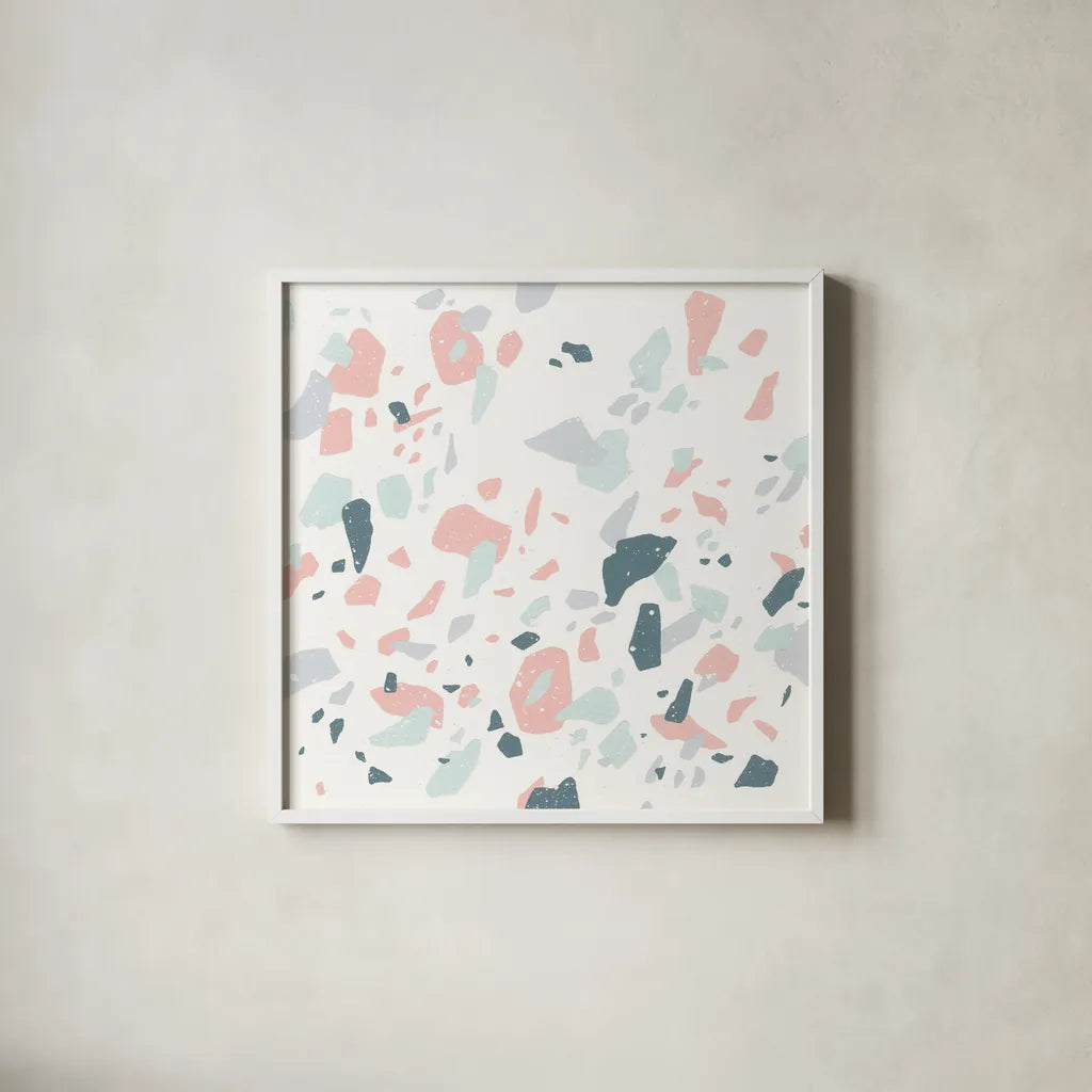 Terrazzo I by Moira Hershey. Shown in a crisp white glass frame for a clean and minimalist style. Available as an archival giclee rolled canvas, fine art paper, or poster print. SKU 48001a.