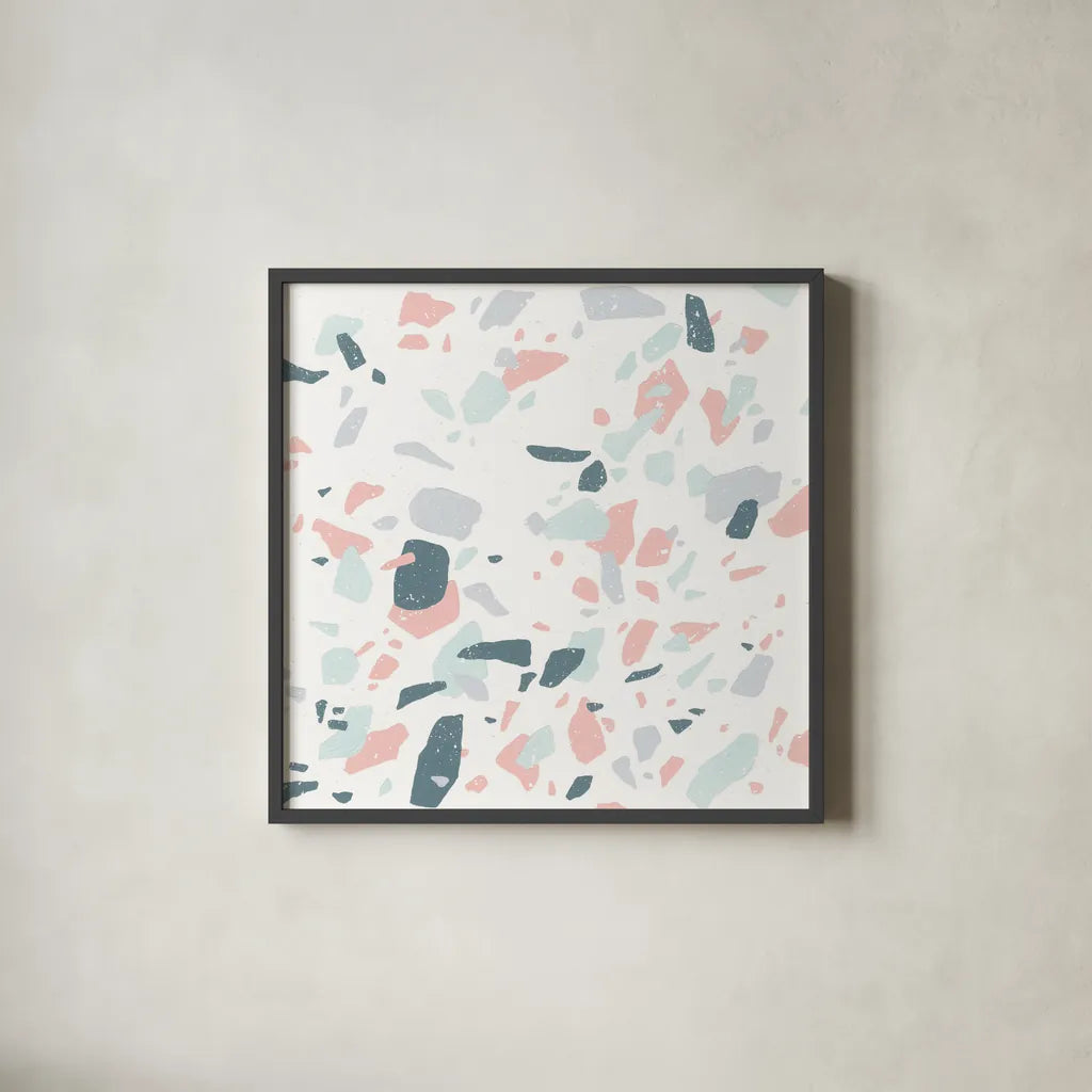 Terrazzo II by Moira Hershey. Shown in a sleek black glass frame for a contemporary gallery look. Available as an archival giclee rolled canvas, fine art paper, or poster print. SKU 48002a.