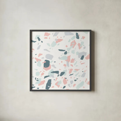 Terrazzo II by Moira Hershey. Shown in a sleek black glass frame for a contemporary gallery look. Available as an archival giclee rolled canvas, fine art paper, or poster print. SKU 48002a.