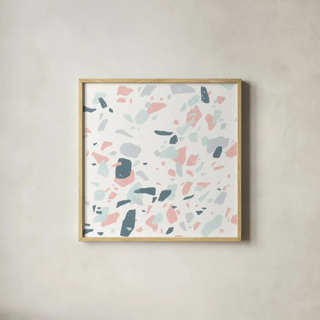 Terrazzo II by Moira Hershey. Shown in a natural wood glass frame for a timeless modern aesthetic. Available as an archival giclee rolled canvas, fine art paper, or poster print. SKU 48002a.