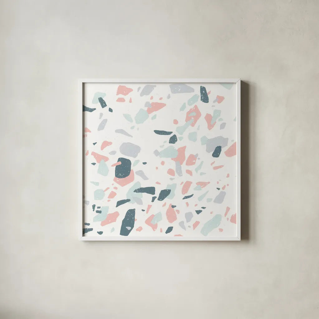 Terrazzo II by Moira Hershey. Shown in a crisp white glass frame for a clean and minimalist style. Available as an archival giclee rolled canvas, fine art paper, or poster print. SKU 48002a.