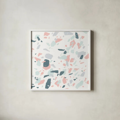 Terrazzo II by Moira Hershey. Shown in a crisp white glass frame for a clean and minimalist style. Available as an archival giclee rolled canvas, fine art paper, or poster print. SKU 48002a.