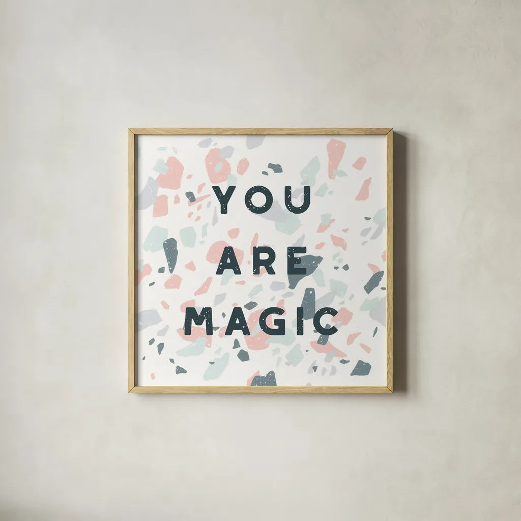 Terrazzo Inspiration I by Moira Hershey. Shown in a natural wood glass frame for a timeless modern aesthetic. Available as an archival giclee rolled canvas, fine art paper, or poster print. SKU 48003a.