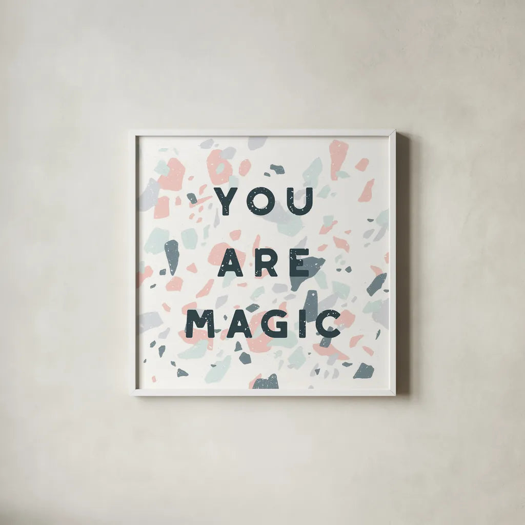 Terrazzo Inspiration I by Moira Hershey. Shown in a crisp white glass frame for a clean and minimalist style. Available as an archival giclee rolled canvas, fine art paper, or poster print. SKU 48003a.