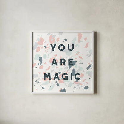 Terrazzo Inspiration I by Moira Hershey. Shown in a crisp white glass frame for a clean and minimalist style. Available as an archival giclee rolled canvas, fine art paper, or poster print. SKU 48003a.