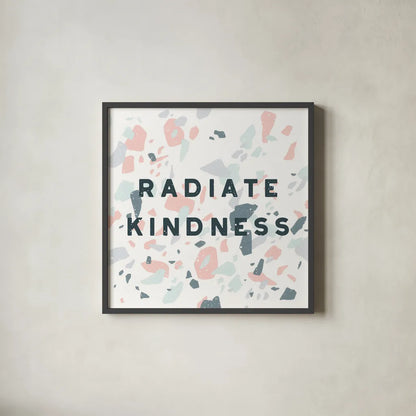 Terrazzo Inspiration I Kindness by Moira Hershey. Shown in a sleek black glass frame for a contemporary gallery look. Available as an archival giclee rolled canvas, fine art paper, or poster print. SKU 55140a.
