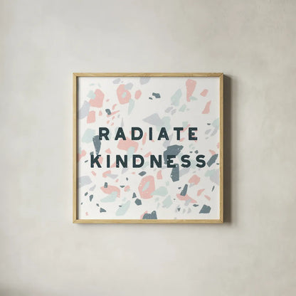 Terrazzo Inspiration I Kindness by Moira Hershey. Shown in a natural wood glass frame for a timeless modern aesthetic. Available as an archival giclee rolled canvas, fine art paper, or poster print. SKU 55140a.