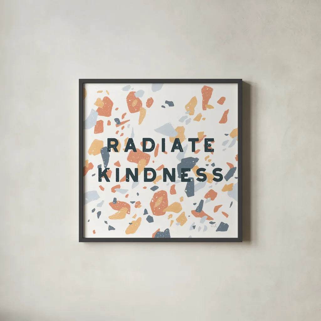 Terrazzo Inspiration I Kindness Retro by Moira Hershey. Shown in a sleek black glass frame for a contemporary gallery look. Available as an archival giclee rolled canvas, fine art paper, or poster print. SKU 56847a.
