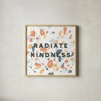 Terrazzo Inspiration I Kindness Retro by Moira Hershey. Shown in a natural wood glass frame for a timeless modern aesthetic. Available as an archival giclee rolled canvas, fine art paper, or poster print. SKU 56847a.