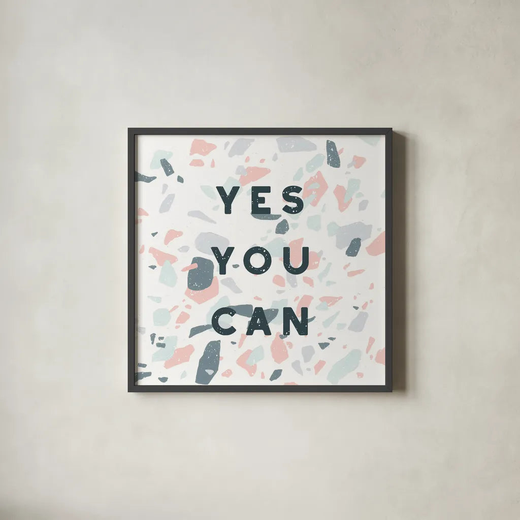 Terrazzo Inspiration II by Moira Hershey. Shown in a sleek black glass frame for a contemporary gallery look. Available as an archival giclee rolled canvas, fine art paper, or poster print. SKU 48004a.