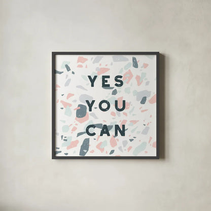 Terrazzo Inspiration II by Moira Hershey. Shown in a sleek black glass frame for a contemporary gallery look. Available as an archival giclee rolled canvas, fine art paper, or poster print. SKU 48004a.