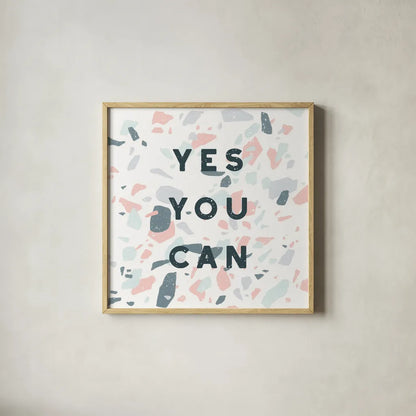 Terrazzo Inspiration II by Moira Hershey. Shown in a natural wood glass frame for a timeless modern aesthetic. Available as an archival giclee rolled canvas, fine art paper, or poster print. SKU 48004a.