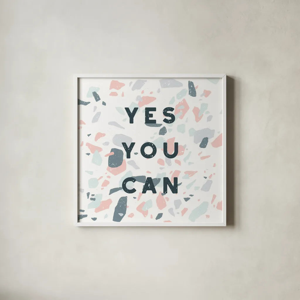 Terrazzo Inspiration II by Moira Hershey. Shown in a crisp white glass frame for a clean and minimalist style. Available as an archival giclee rolled canvas, fine art paper, or poster print. SKU 48004a.