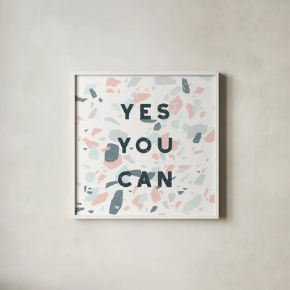 Terrazzo Inspiration II by Moira Hershey. Shown in a crisp white glass frame for a clean and minimalist style. Available as an archival giclee rolled canvas, fine art paper, or poster print. SKU 48004a.