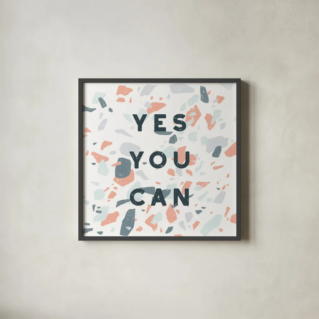 Terrazzo Inspiration II Coral by Moira Hershey. Shown in a sleek black glass frame for a contemporary gallery look. Available as an archival giclee rolled canvas, fine art paper, or poster print. SKU 57703a.