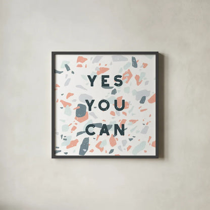 Terrazzo Inspiration II Coral by Moira Hershey. Shown in a sleek black glass frame for a contemporary gallery look. Available as an archival giclee rolled canvas, fine art paper, or poster print. SKU 57703a.