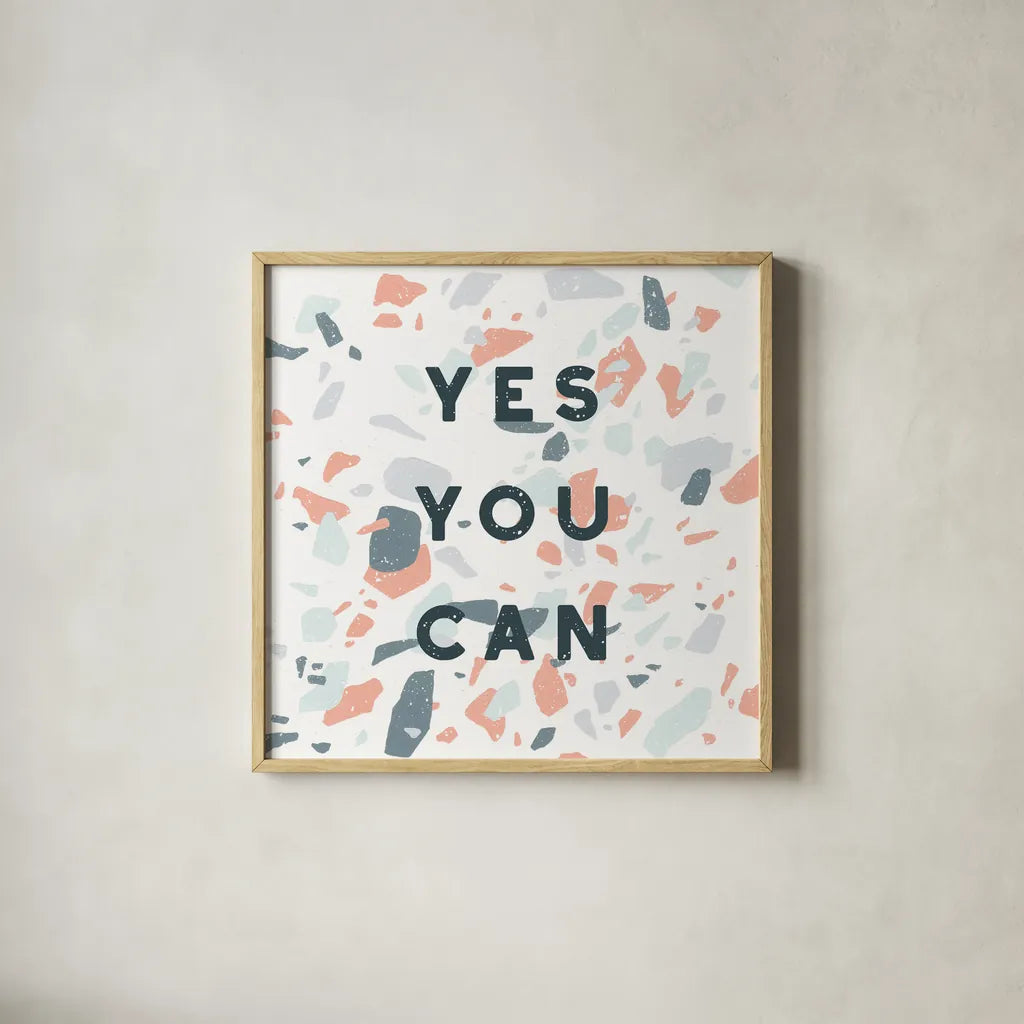 Terrazzo Inspiration II Coral by Moira Hershey. Shown in a natural wood glass frame for a timeless modern aesthetic. Available as an archival giclee rolled canvas, fine art paper, or poster print. SKU 57703a.