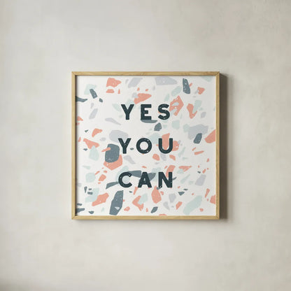 Terrazzo Inspiration II Coral by Moira Hershey. Shown in a natural wood glass frame for a timeless modern aesthetic. Available as an archival giclee rolled canvas, fine art paper, or poster print. SKU 57703a.