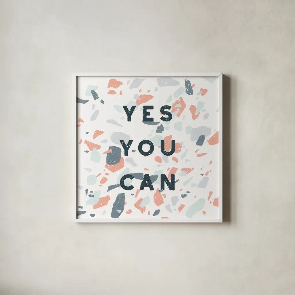 Terrazzo Inspiration II Coral by Moira Hershey. Shown in a crisp white glass frame for a clean and minimalist style. Available as an archival giclee rolled canvas, fine art paper, or poster print. SKU 57703a.