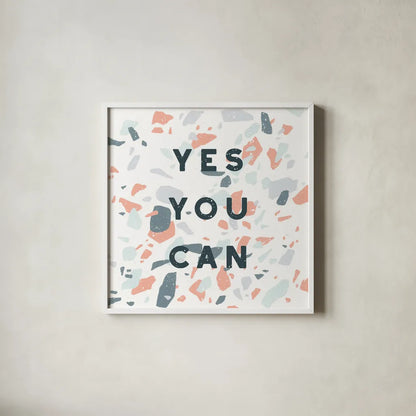 Terrazzo Inspiration II Coral by Moira Hershey. Shown in a crisp white glass frame for a clean and minimalist style. Available as an archival giclee rolled canvas, fine art paper, or poster print. SKU 57703a.