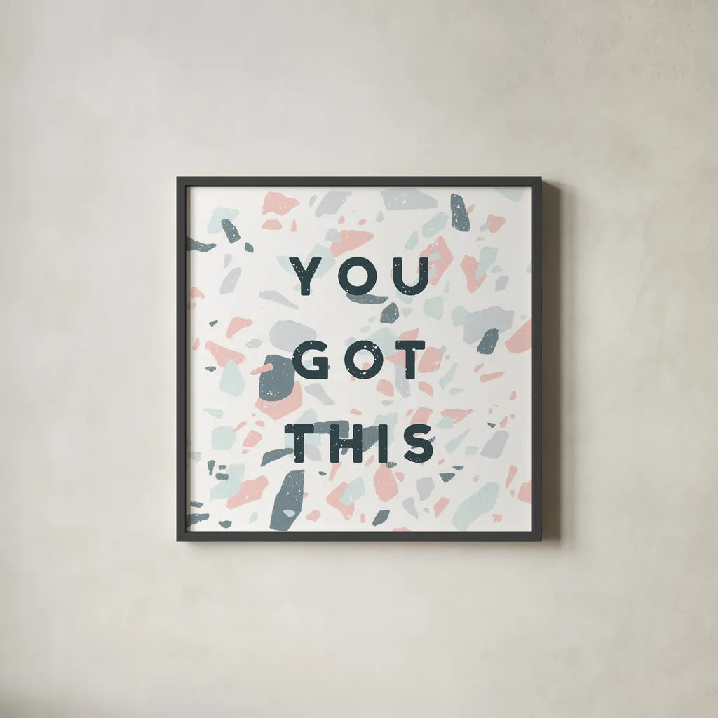 Terrazzo Inspiration II You by Moira Hershey. Shown in a sleek black glass frame for a contemporary gallery look. Available as an archival giclee rolled canvas, fine art paper, or poster print. SKU 55141a.