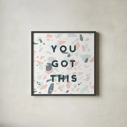 Terrazzo Inspiration II You by Moira Hershey. Shown in a sleek black glass frame for a contemporary gallery look. Available as an archival giclee rolled canvas, fine art paper, or poster print. SKU 55141a.