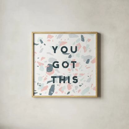 Terrazzo Inspiration II You by Moira Hershey. Shown in a natural wood glass frame for a timeless modern aesthetic. Available as an archival giclee rolled canvas, fine art paper, or poster print. SKU 55141a.