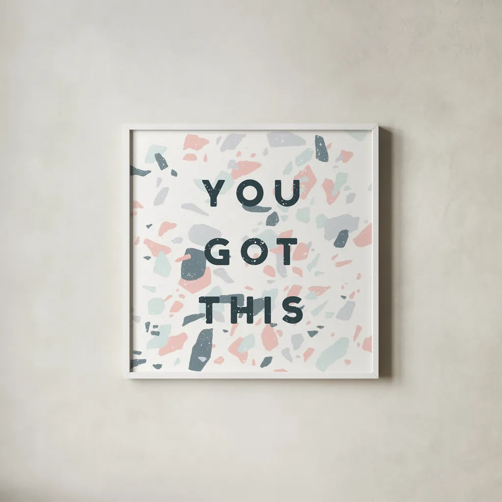 Terrazzo Inspiration II You by Moira Hershey. Shown in a crisp white glass frame for a clean and minimalist style. Available as an archival giclee rolled canvas, fine art paper, or poster print. SKU 55141a.