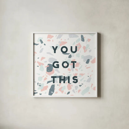 Terrazzo Inspiration II You by Moira Hershey. Shown in a crisp white glass frame for a clean and minimalist style. Available as an archival giclee rolled canvas, fine art paper, or poster print. SKU 55141a.