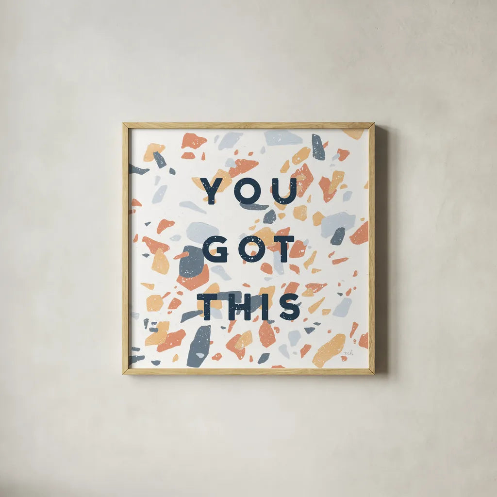 Terrazzo Inspiration II You Retro by Moira Hershey. Shown in a natural wood glass frame for a timeless modern aesthetic. Available as an archival giclee rolled canvas, fine art paper, or poster print. SKU 56848a.