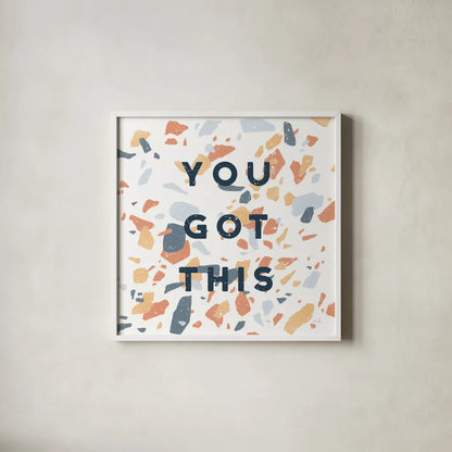 Terrazzo Inspiration II You Retro by Moira Hershey. Shown in a crisp white glass frame for a clean and minimalist style. Available as an archival giclee rolled canvas, fine art paper, or poster print. SKU 56848a.