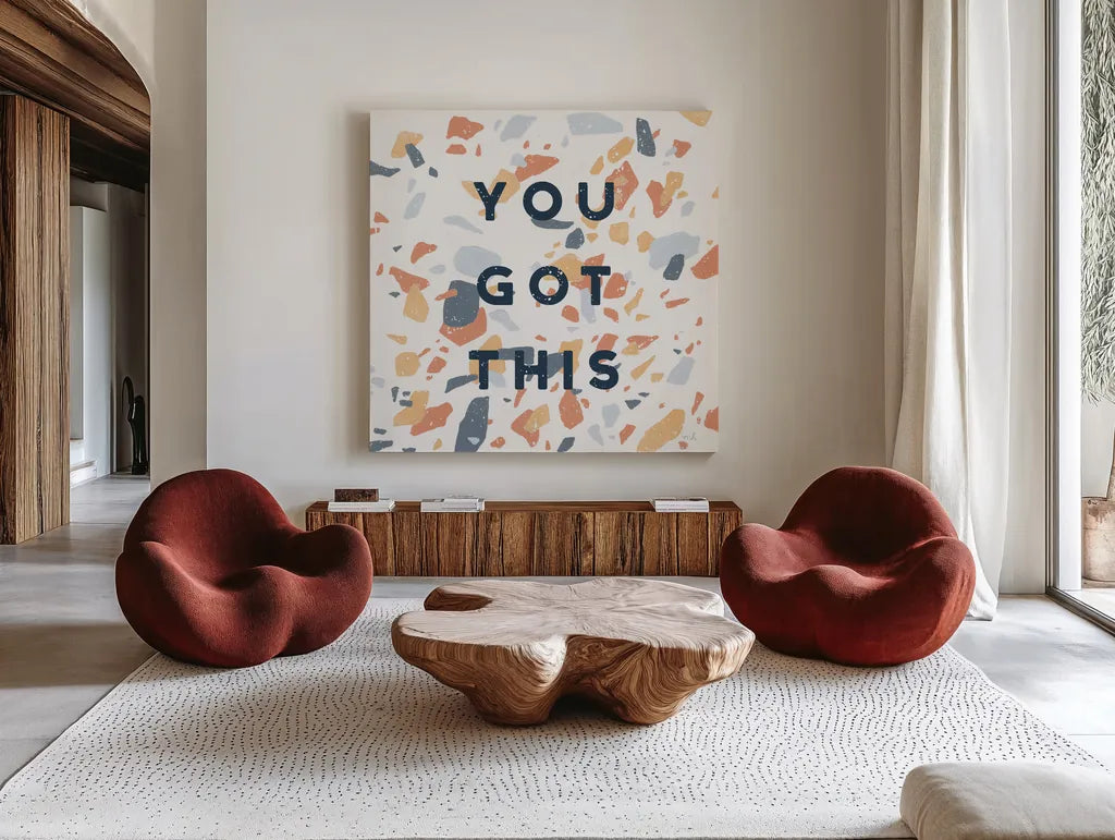 Terrazzo Inspiration II You Retro by Moira Hershey. Shown as extra-large giant wall art in a modern living room. Available as an archival giclee rolled canvas, fine art paper, or poster print. SKU 56848a.