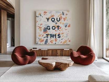 Terrazzo Inspiration II You Retro by Moira Hershey. Shown as extra-large giant wall art in a modern living room. Available as an archival giclee rolled canvas, fine art paper, or poster print. SKU 56848a.