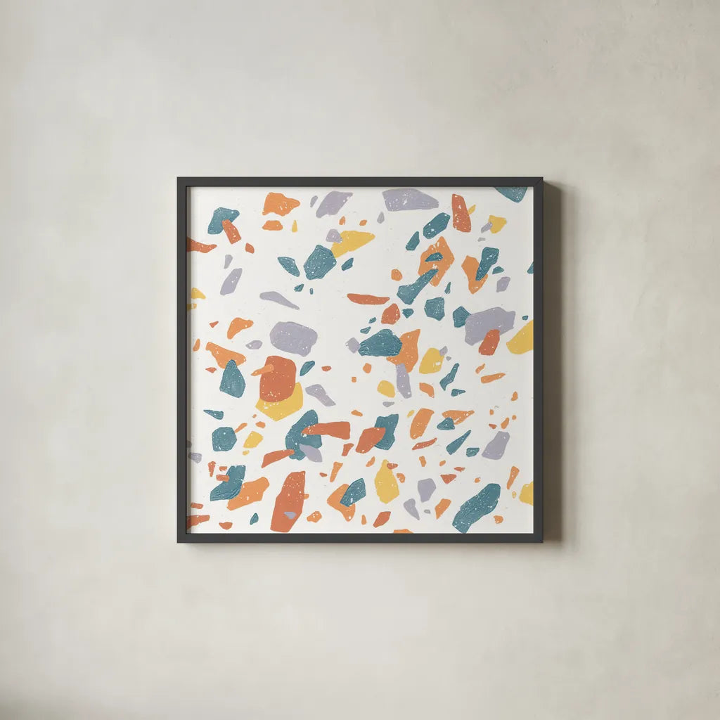 Terrazzo Sunset II by Moira Hershey. Shown in a sleek black glass frame for a contemporary gallery look. Available as an archival giclee rolled canvas, fine art paper, or poster print. SKU 55684a.