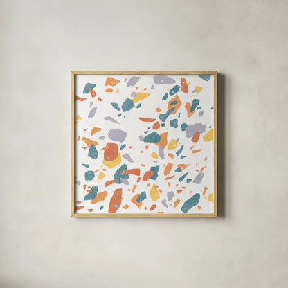 Terrazzo Sunset II by Moira Hershey. Shown in a natural wood glass frame for a timeless modern aesthetic. Available as an archival giclee rolled canvas, fine art paper, or poster print. SKU 55684a.
