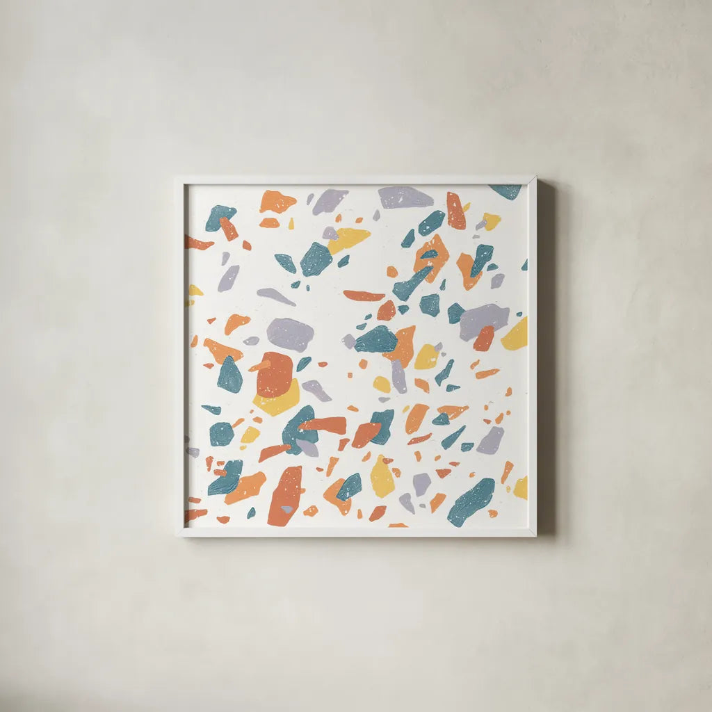 Terrazzo Sunset II by Moira Hershey. Shown in a crisp white glass frame for a clean and minimalist style. Available as an archival giclee rolled canvas, fine art paper, or poster print. SKU 55684a.