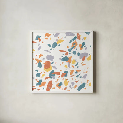 Terrazzo Sunset II by Moira Hershey. Shown in a crisp white glass frame for a clean and minimalist style. Available as an archival giclee rolled canvas, fine art paper, or poster print. SKU 55684a.