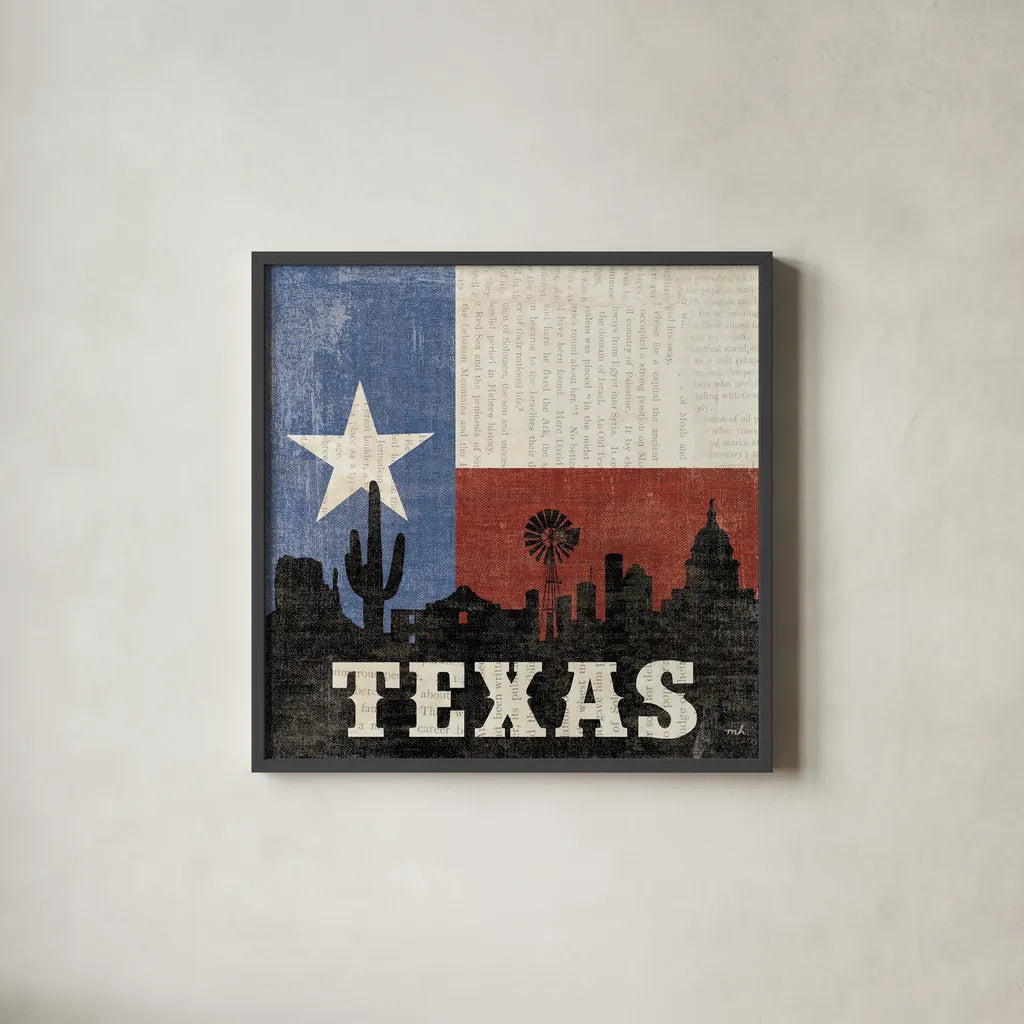 Texas by Moira Hershey. Shown in a sleek black glass frame for a contemporary gallery look. Available as an archival giclee rolled canvas, fine art paper, or poster print. SKU 11831a.