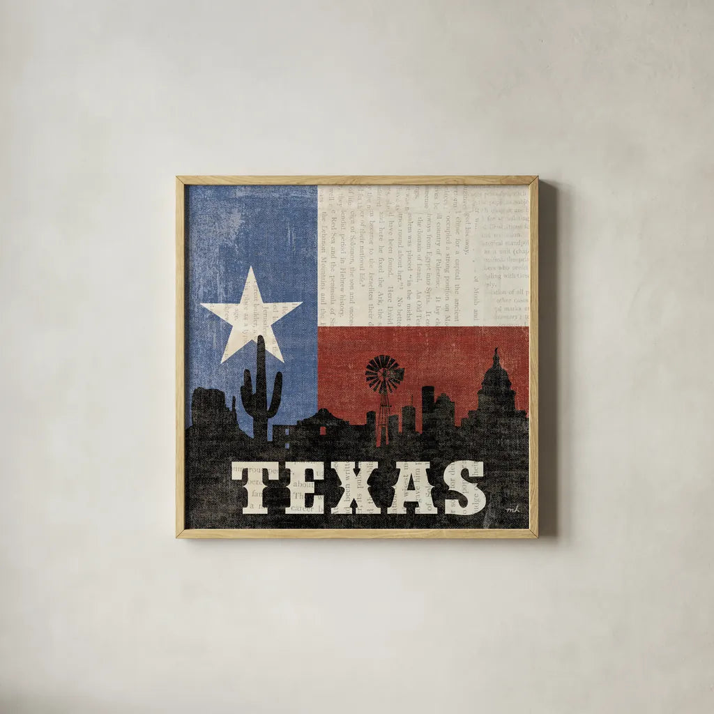 Texas by Moira Hershey. Shown in a natural wood glass frame for a timeless modern aesthetic. Available as an archival giclee rolled canvas, fine art paper, or poster print. SKU 11831a.