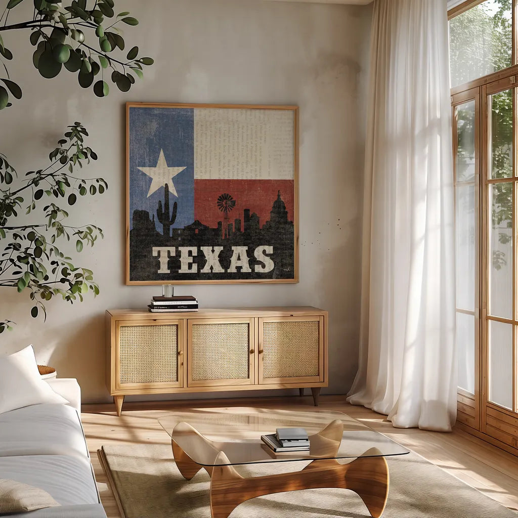 Texas by Moira Hershey. Shown in a natural wood frame in a cozy modern living room. Available as an archival giclee rolled canvas, fine art paper, or poster print. SKU 11831a.