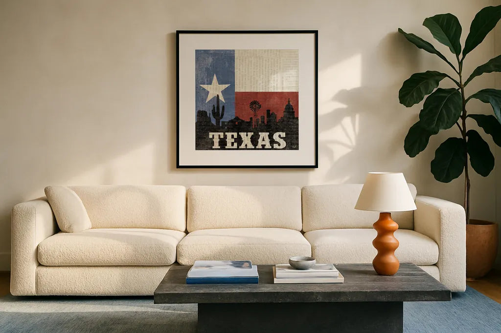 Texas by Moira Hershey. Displayed in a glass frame with matte in a clean modern living room. Available as an archival giclee rolled canvas, fine art paper, or poster print. SKU 11831a.