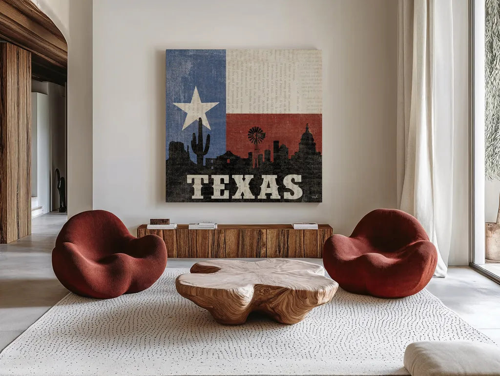Texas by Moira Hershey. Shown as extra-large giant wall art in a modern living room. Available as an archival giclee rolled canvas, fine art paper, or poster print. SKU 11831a.