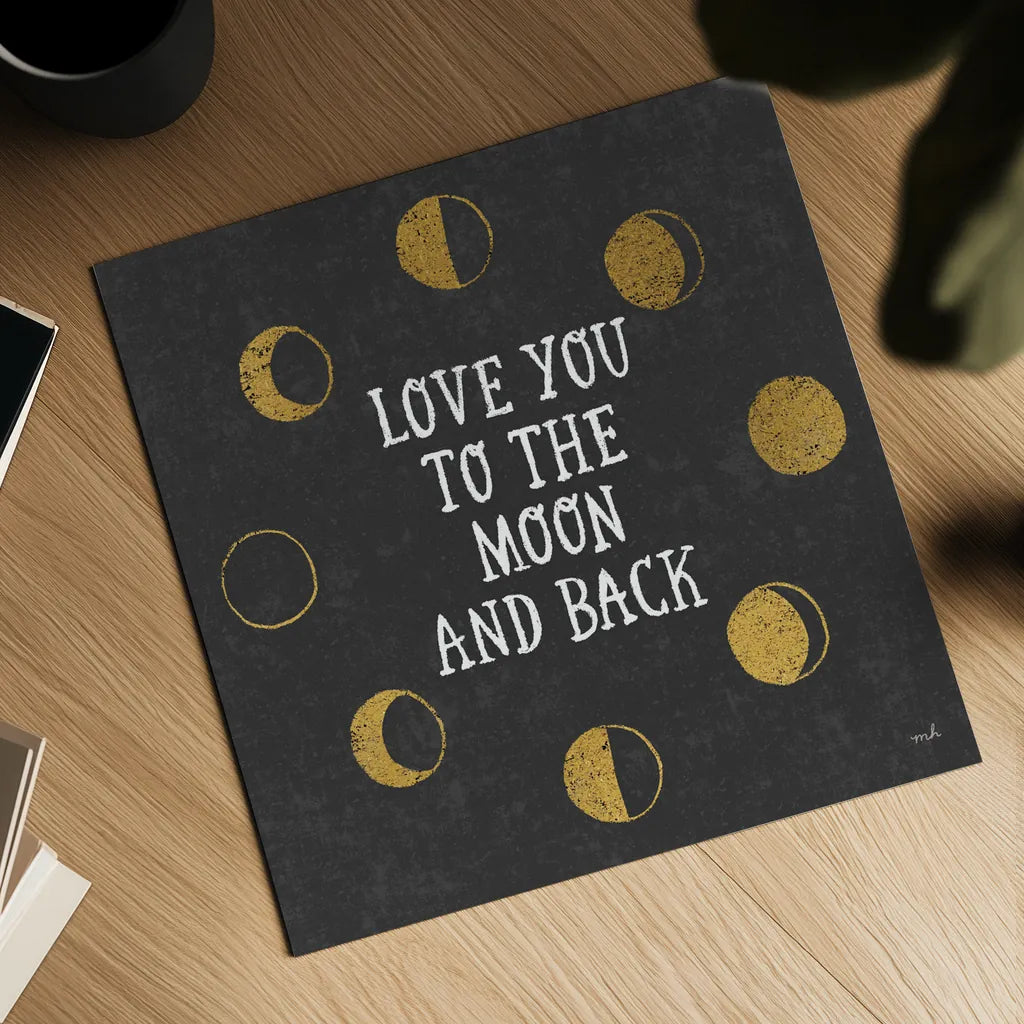 To the Moon Black by Moira Hershey. Shown as a detailed flat fine art print, highlighting archival giclee quality. Available as an archival giclee rolled canvas, fine art paper, or poster print. SKU 17152a.